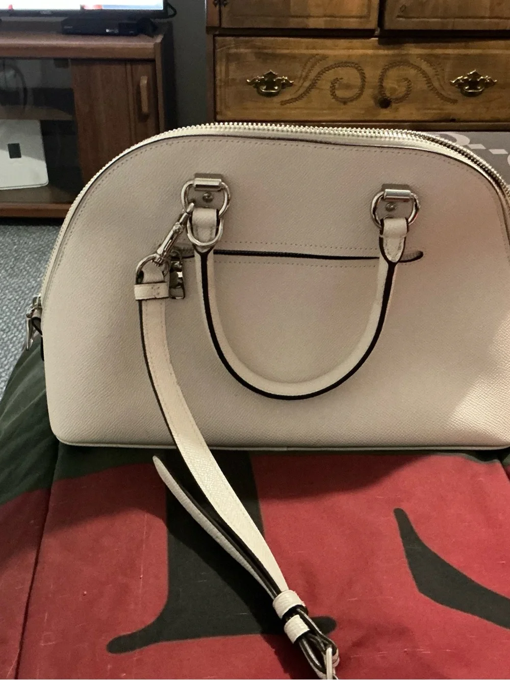 Coach Dome Satchel in Light Beige with Black & Gray Center Stripes